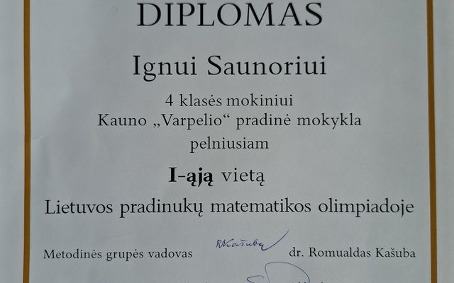 1-oji vieta Lietuvos pradinukų matematikos olimpiadoje